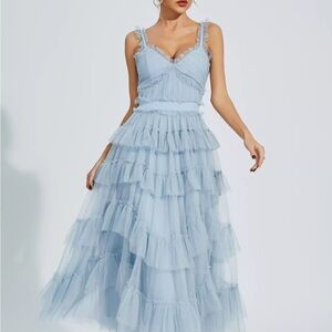 Blue Tiered Midi Gown with Spaghetti Straps